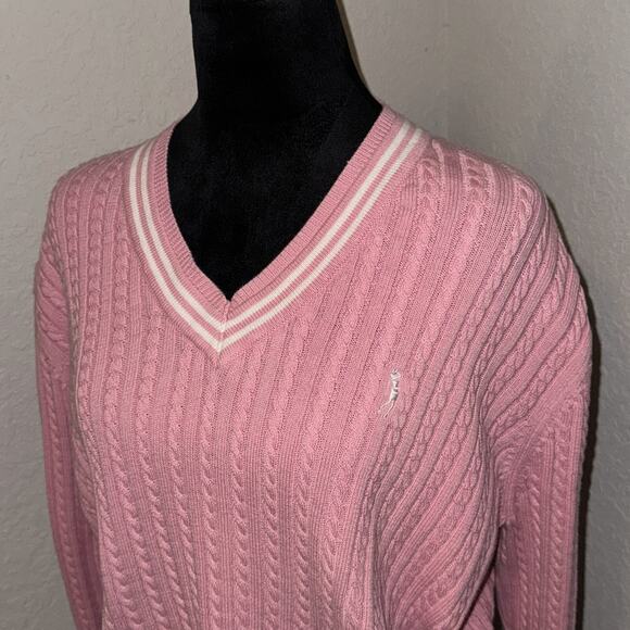 Izod Sweater Women's Large Pink Cable Knitted Long Sleeve V-Neck Preppy Pullover - Picture 2 of 11